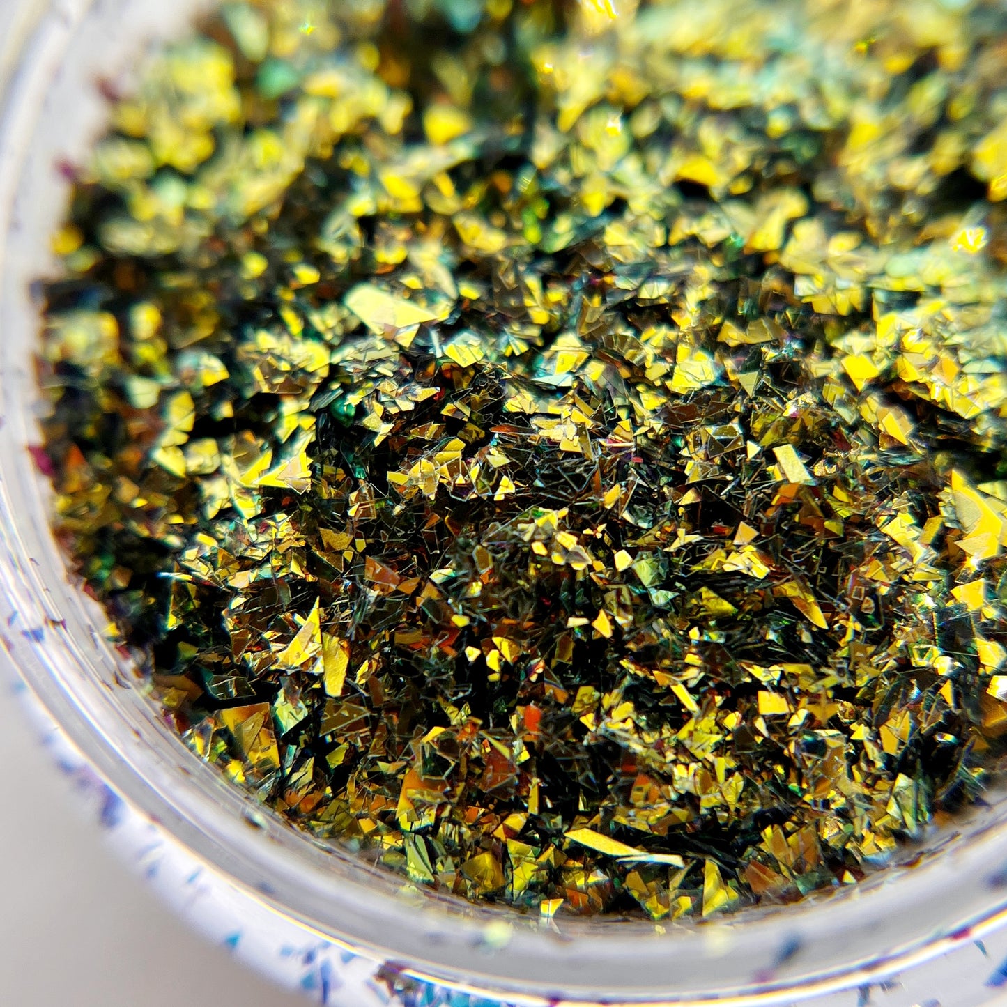 Olive Fleck Glitter in Jar - Olive Green Mylar Fleck Glitter with Golden Shine.