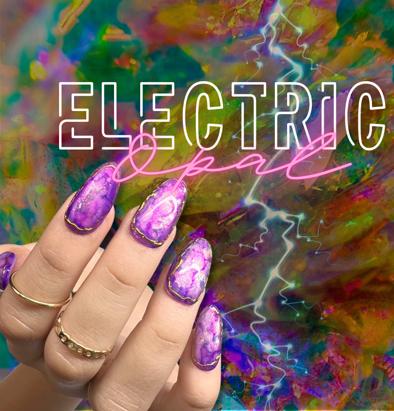 Electric Opal graphic featuring hand with purple nails.