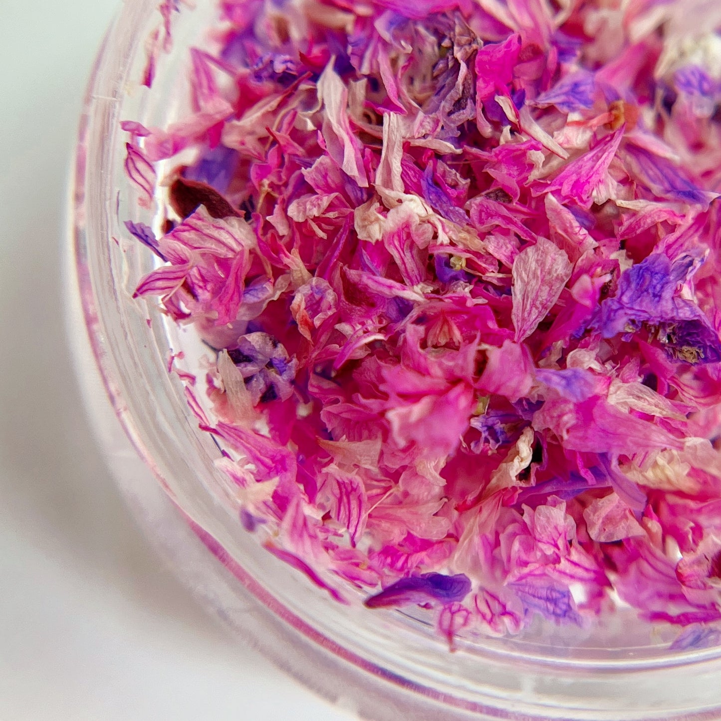 Detail view of dried flowers in clear jar on white background.
