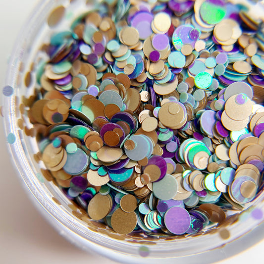Multicolor and multi-size circle shaped glitter mix in a clear jar on a white background.
