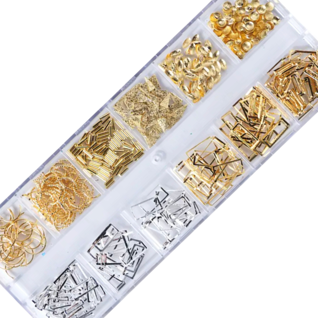 12 grid gold and silver charm set on white background.