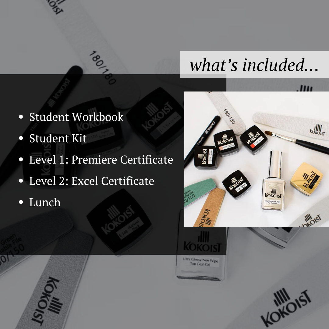 Kokoist certification class inclusions: student workbook, Kokoist product kit, Premiere and Excel certificates and lunch