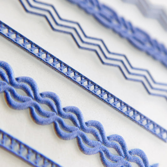 Close-Up of Textured Trim Nail Stickers in Blue - Detailed View of Raised Texture Nail Stickers with Fabric Trim-Inspired Design.