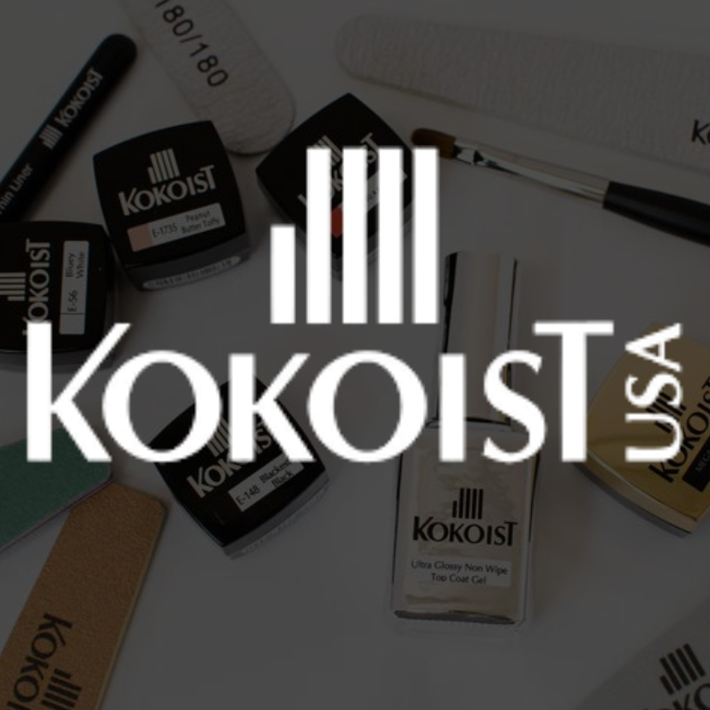 Kokoist USA brand logo with scattered nail care products in background.