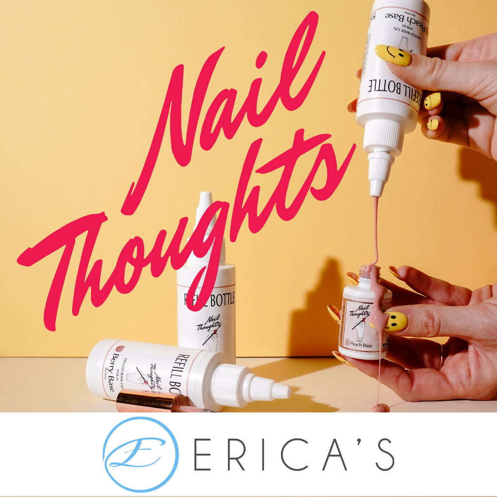 Nail care product with 'Nail Thoughts' text and 'Erica's' branding on a yellow background