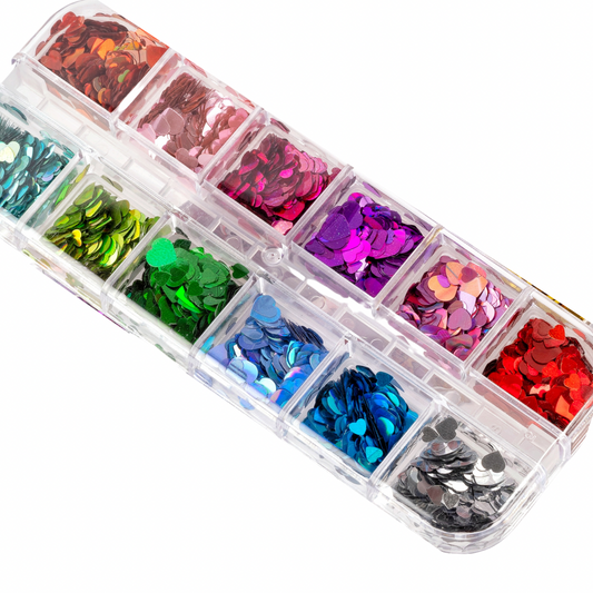 heart shaped glitter in clear case on white background