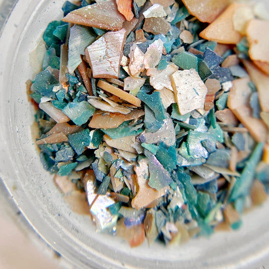 Detail shot of multi-color shell mix i clear jar on white baclground. 