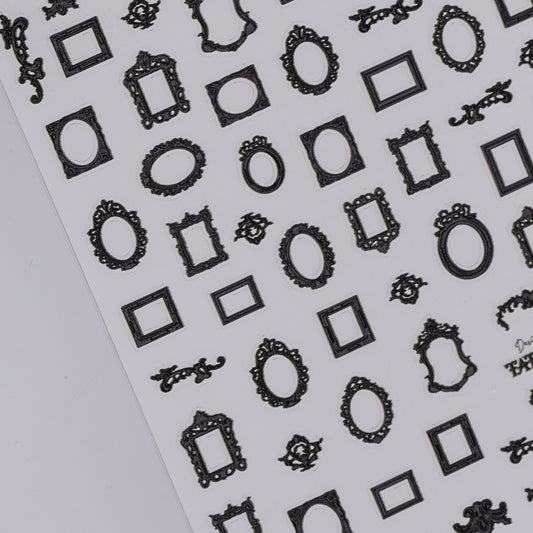 Sheet of black decorative frame nail stickers on a white background