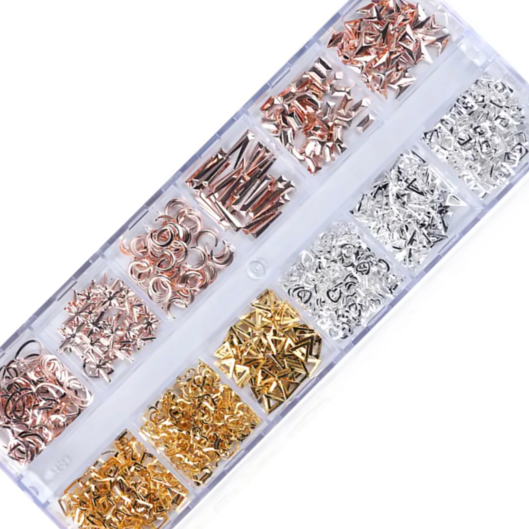 12 grid gold, rose gold and silver charm set on white background. 