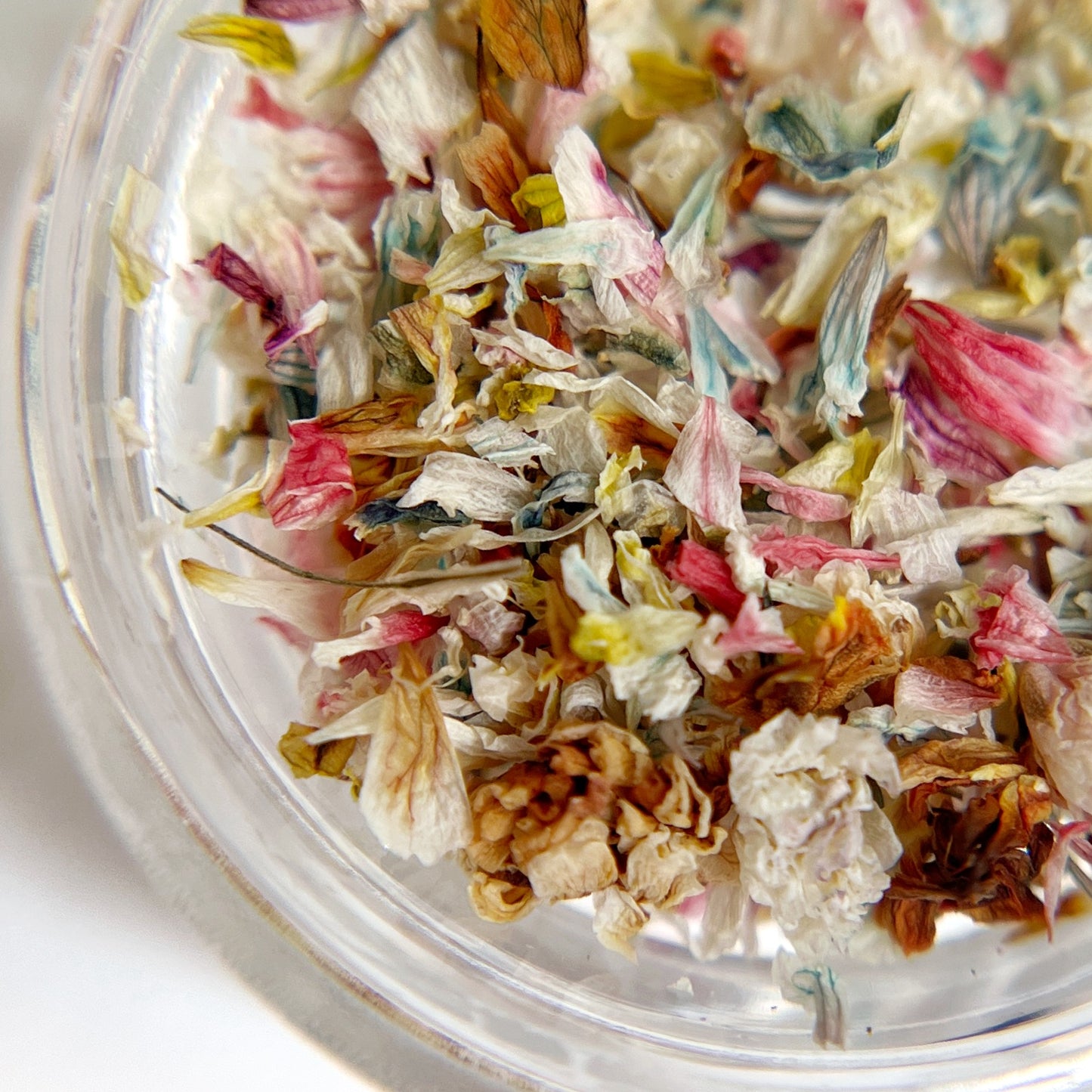 Colorful dried flowers in a clear jar on a white background