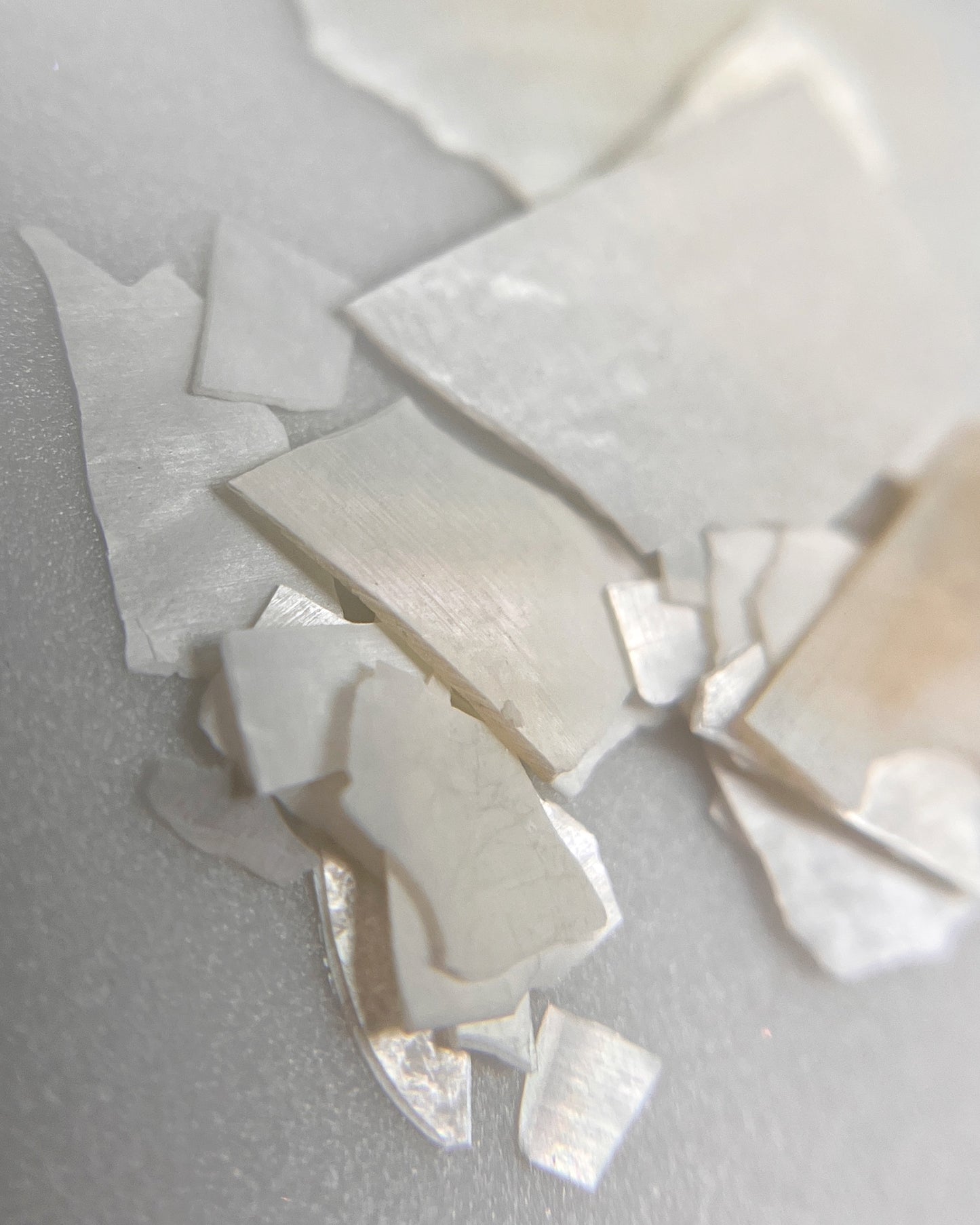 Close up of white shell flakes scattered on light textured surface
