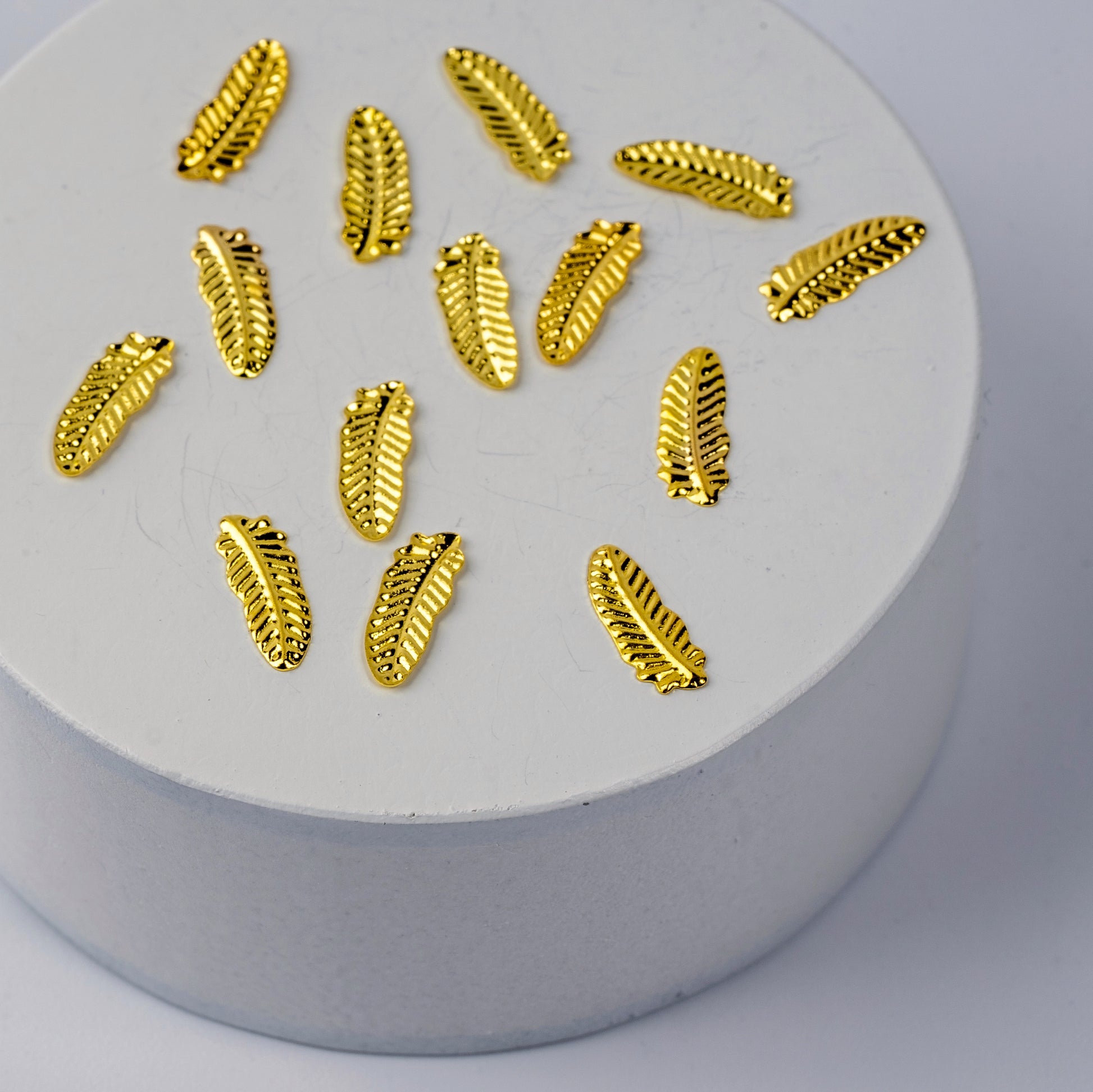 Gold feather shaped nail charms on a white circular base