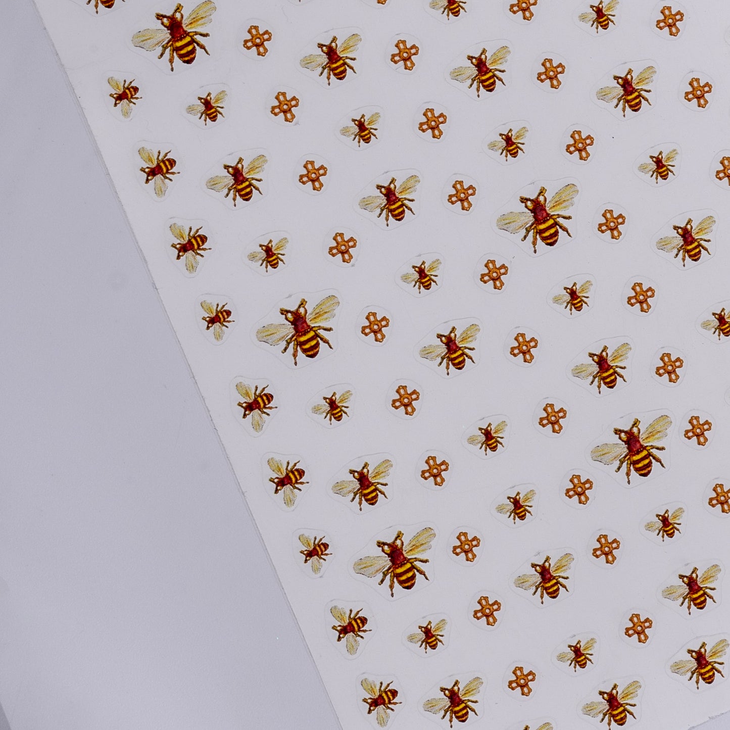 Detail view of nail decal sheet on light background.