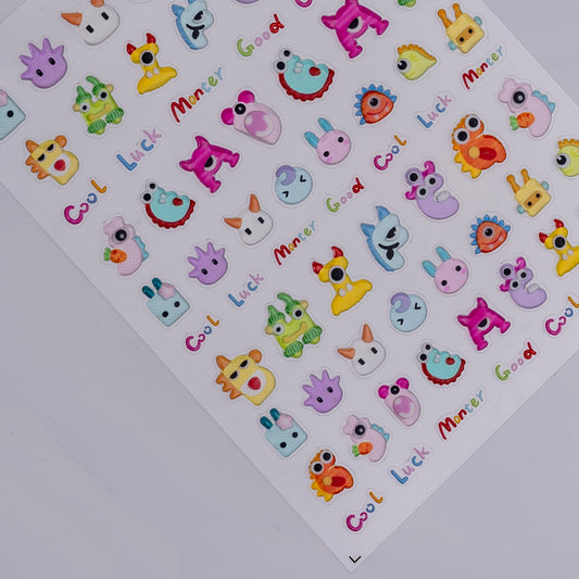 Sheet of colorful stickers with various designs and text on a white background