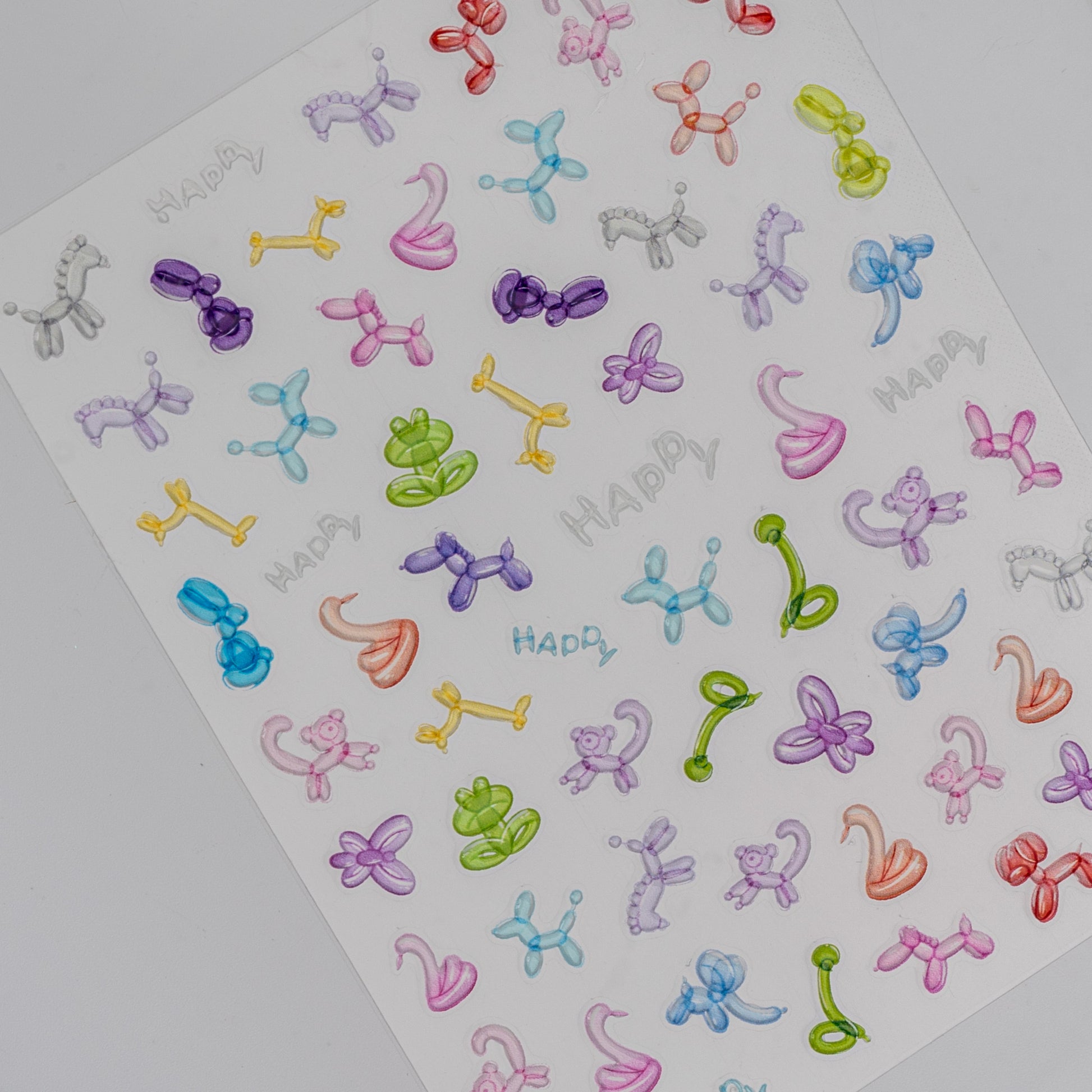 Sheet of colorful balloon animal stickers on a white background