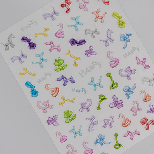 Sheet of colorful balloon animal stickers on a white background