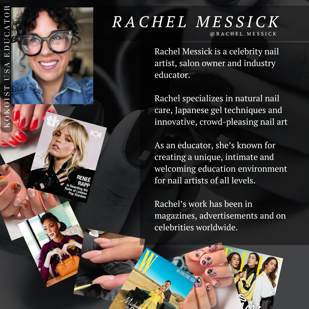 Kokoist USA educator Rachel Messick with examples of her celebrity, editorial and salon nail work