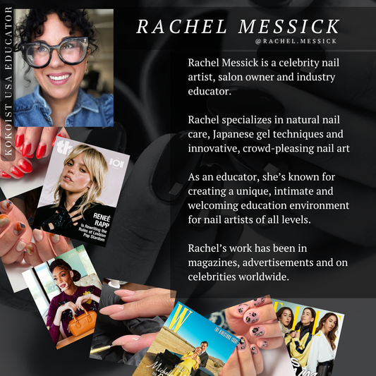 Kokoist USA educator Rachel Messick with examples of her celebrity, editorial and salon nail work