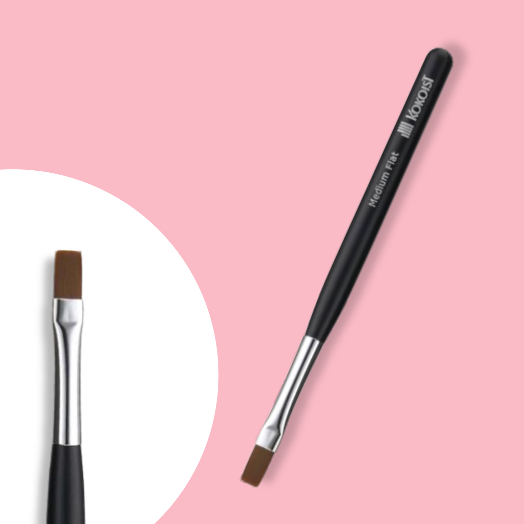 A professional flat nail art brush with a black handle and synthetic bristles, designed for gel application.