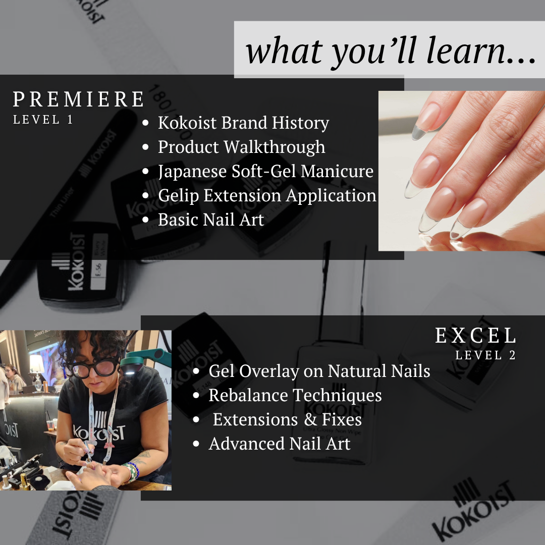Kokoist Premiere and Excel certification curriculum covering Japanese soft-gel manicures, Gelip extensions, gel overlays, rebalancing, extensions and nail art.