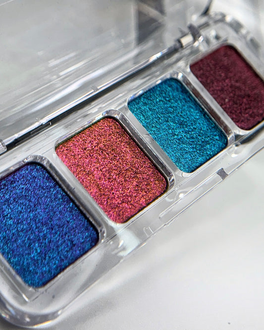 Close up of chrome palette on white surface 