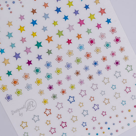 Sheet of colorful star-shaped stickers on a white background