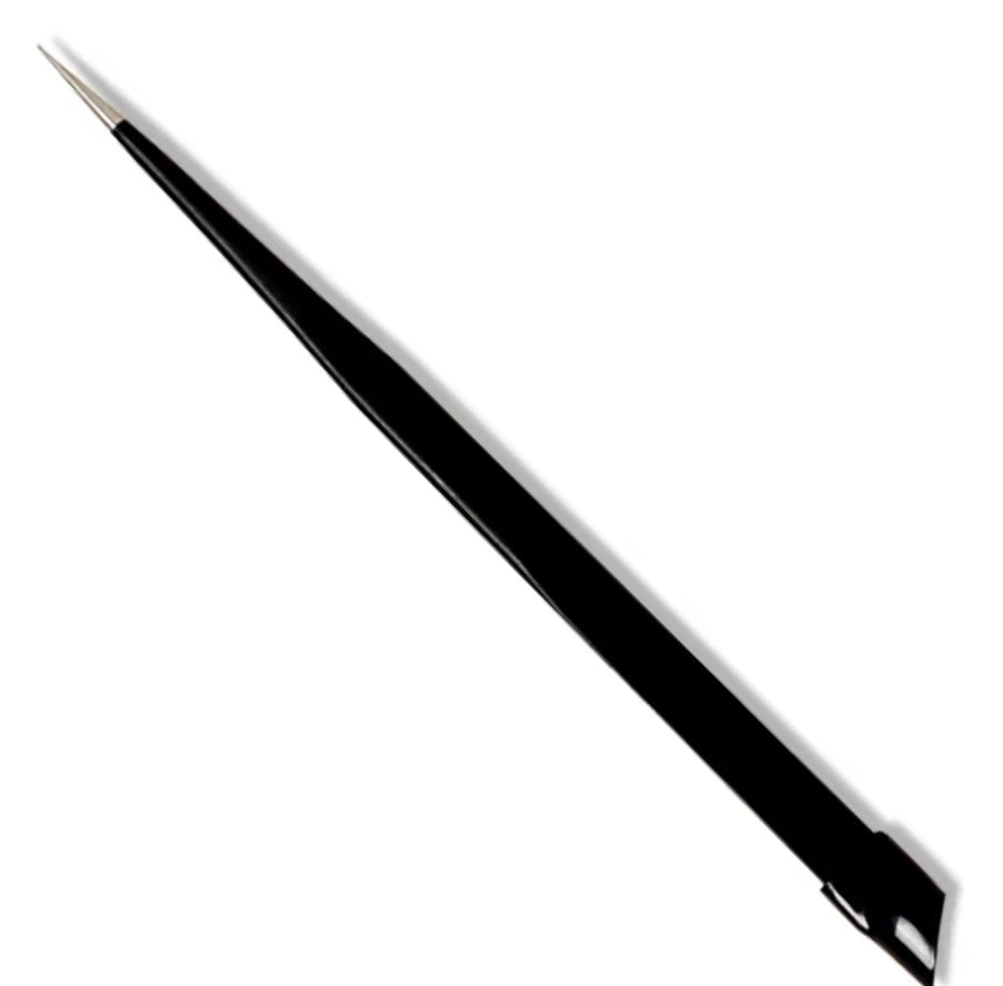 Photo of black pointed tweezers on white background.
