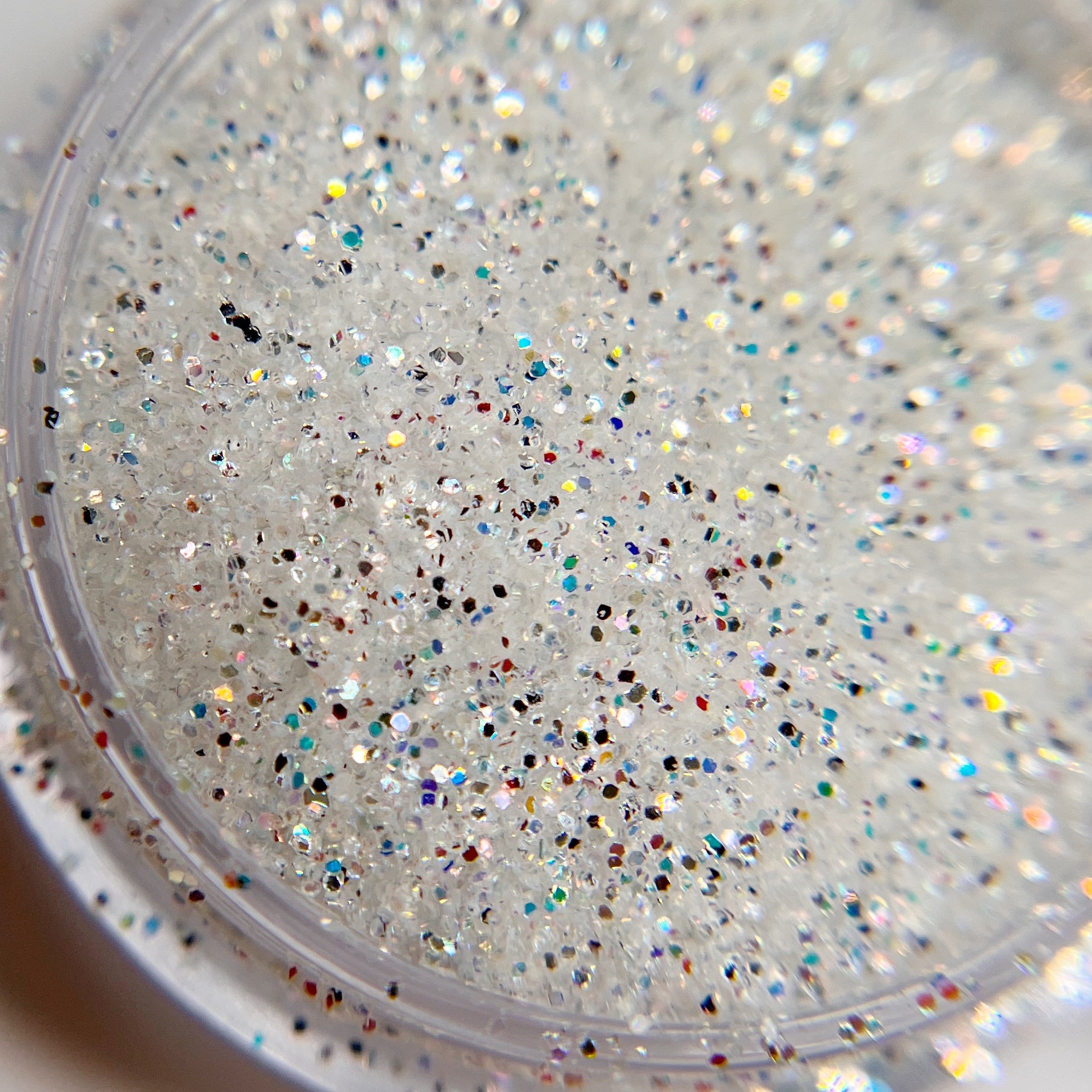 Detail view of glitter in clear jar. 