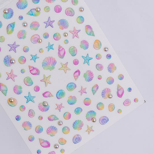 Sheet of colorful starfish and shell stickers on a white background