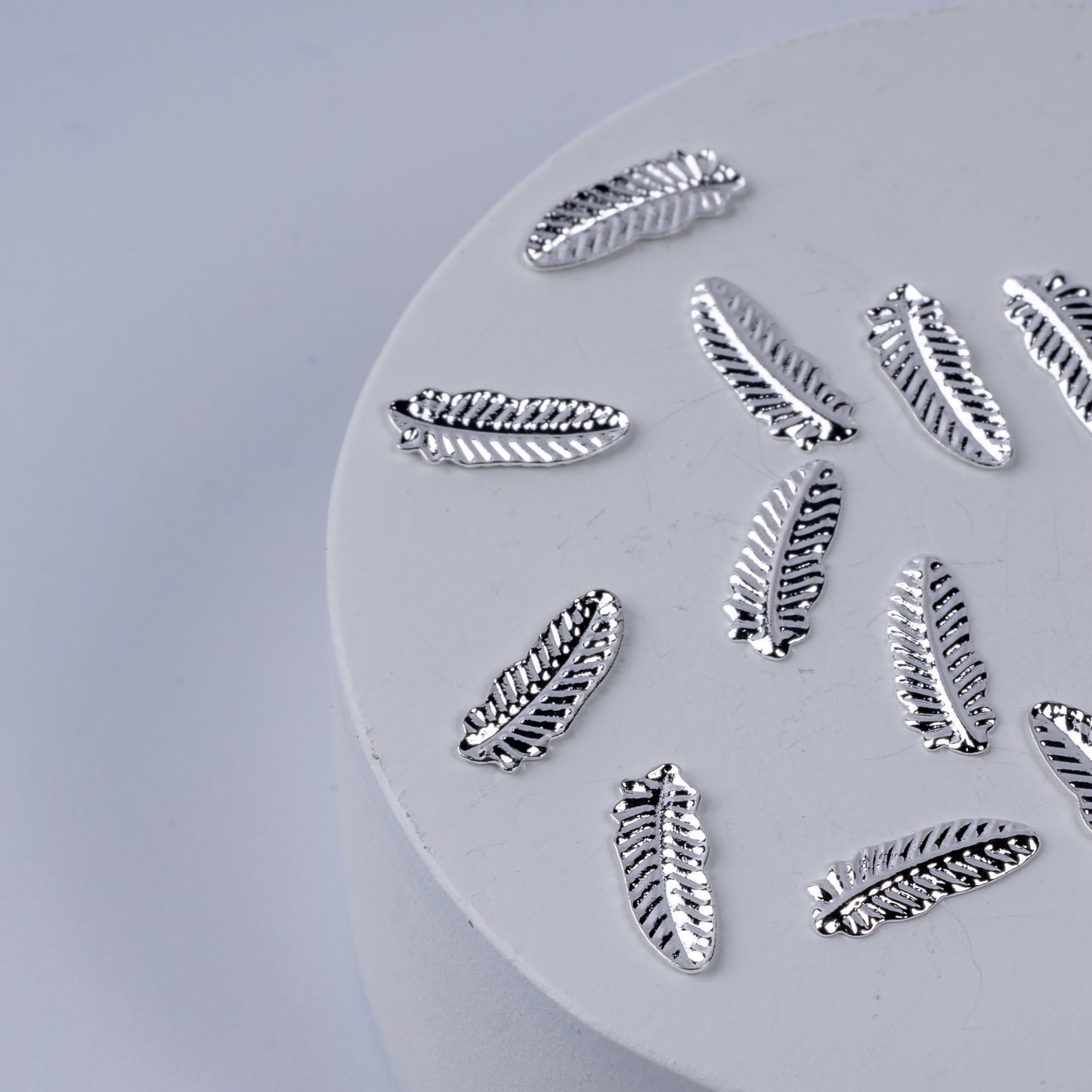 Silver nail charms on white circular base.