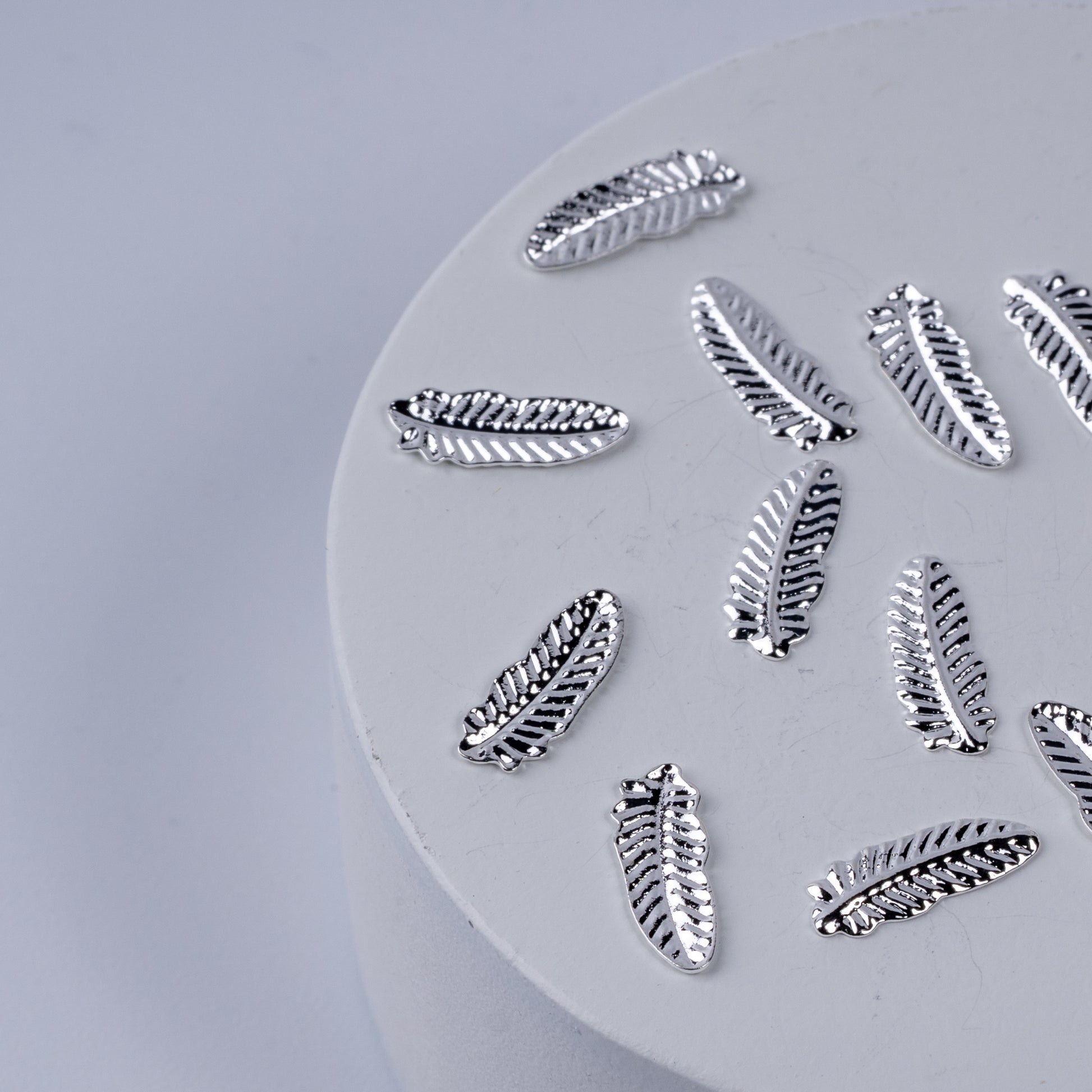 Silver nail charms on white circular base.