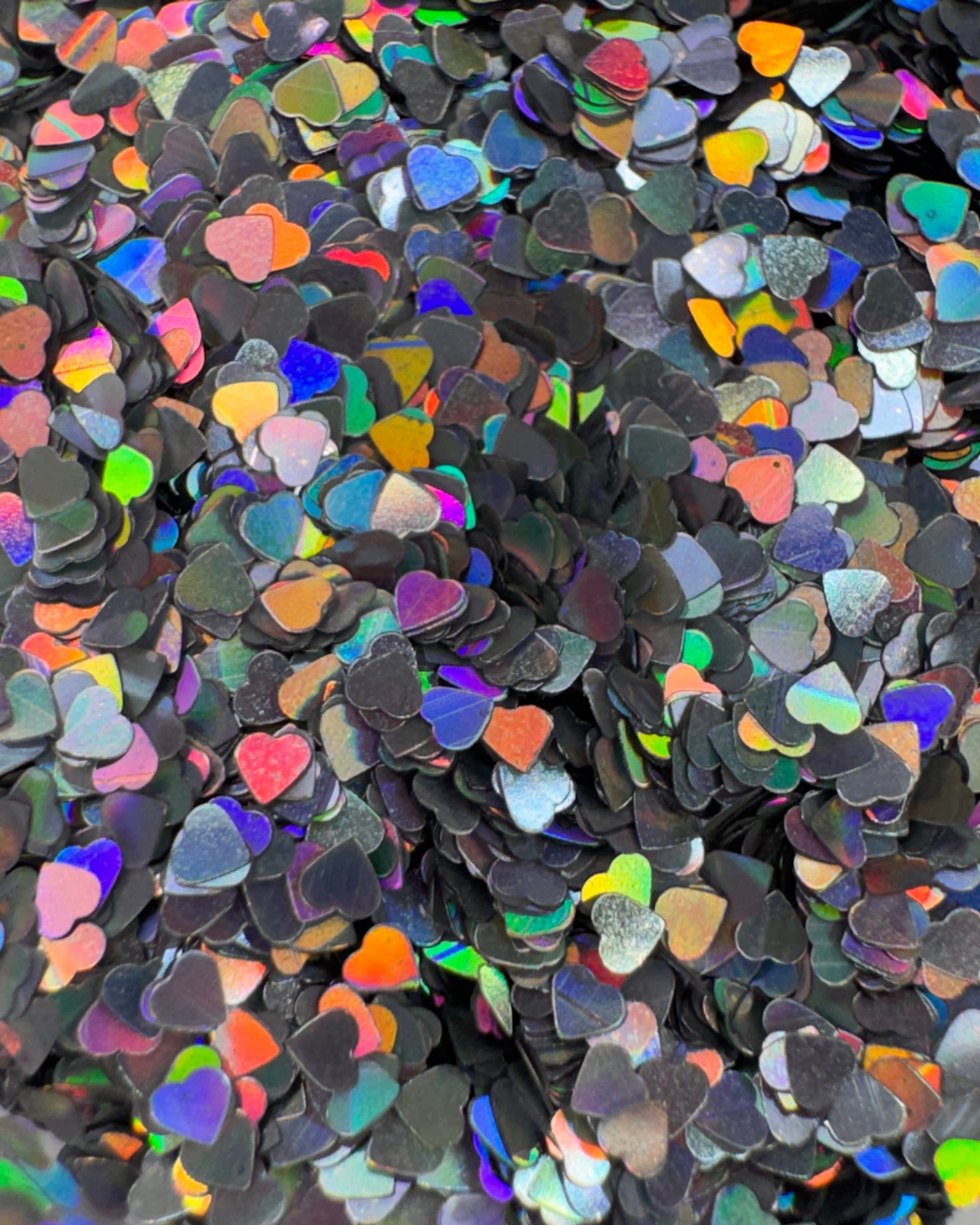 Detail view of heart shaped glitter.