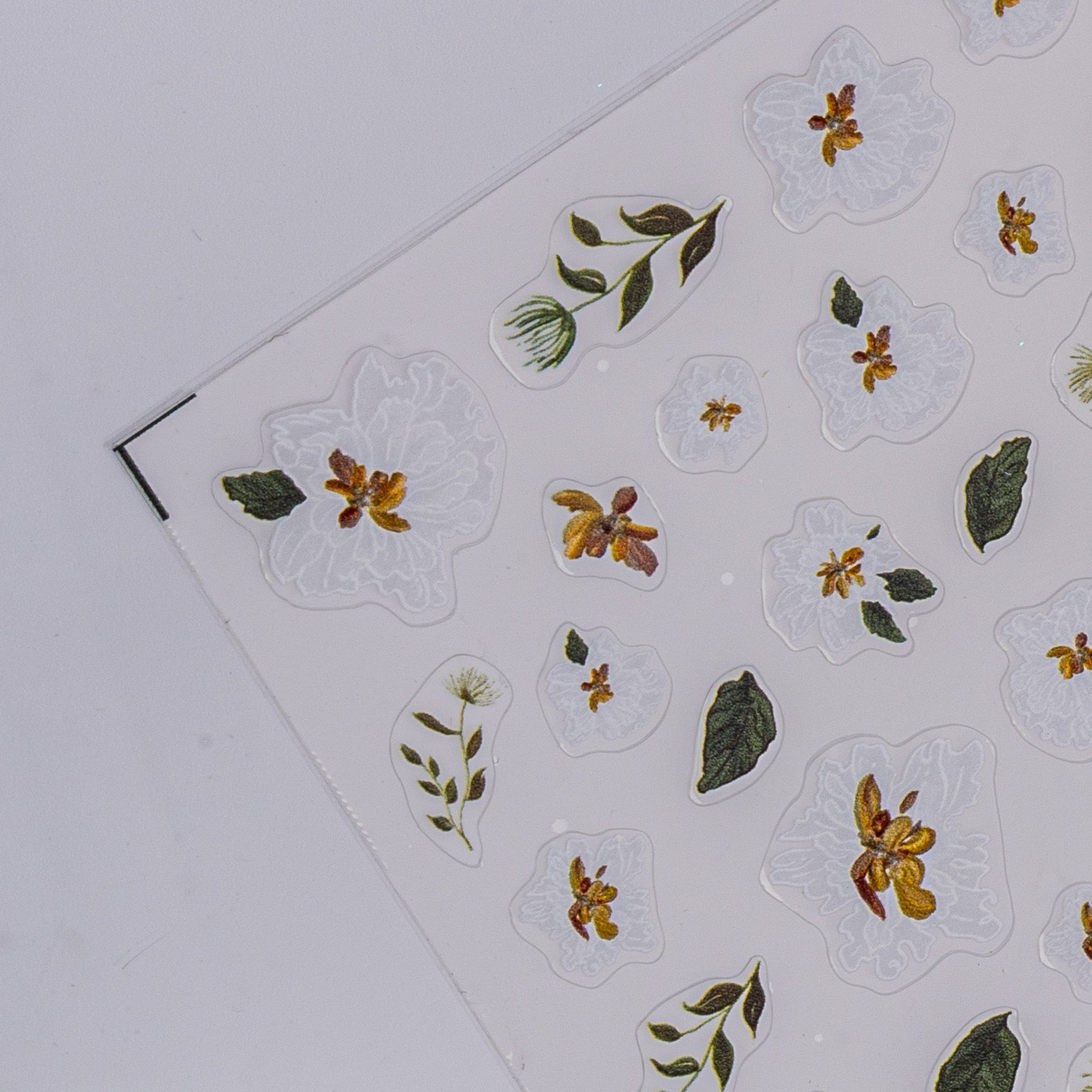 Close up of white floral nail decals on white background.