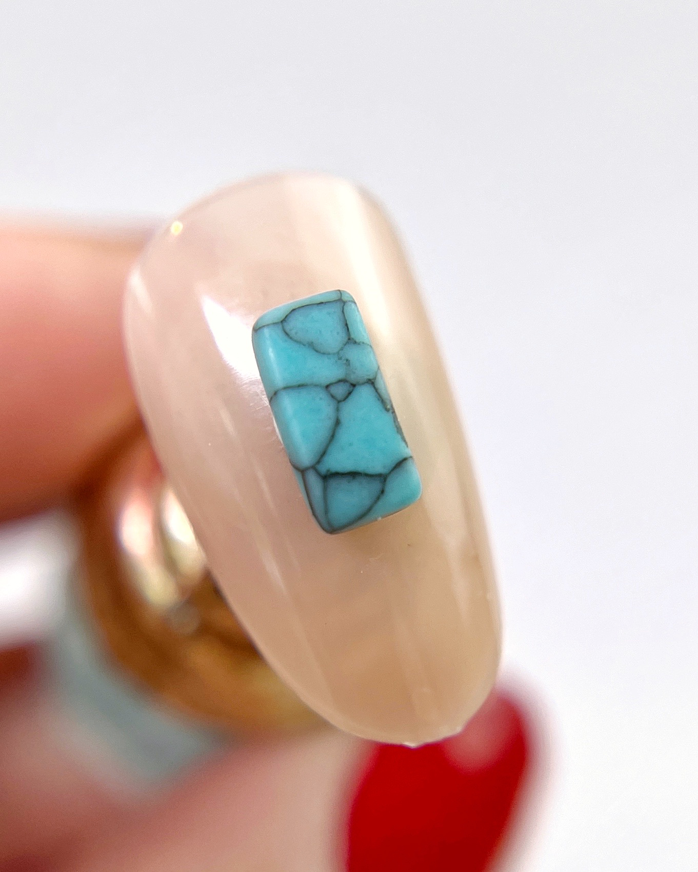 Hand holding decorated nail tip. 